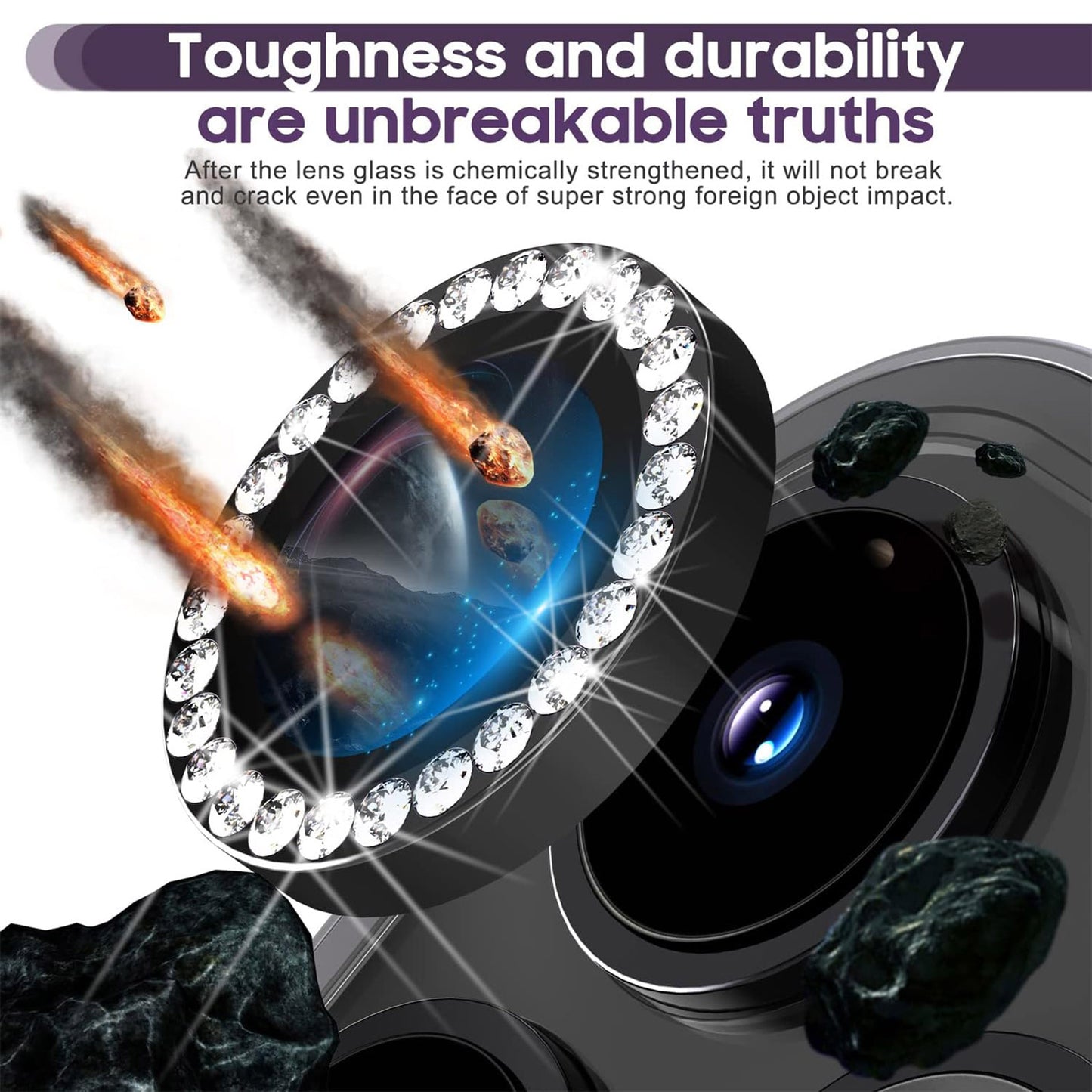 For iPhone 15 Pro / 15 Pro Max Camera Lens Protector Set Metal Rhinestone Ring Tempered Glass Lens Film