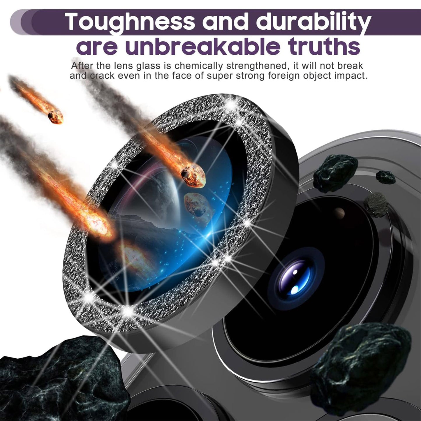 For iPhone 15 Pro / 15 Pro Max Ring Circle Lens Film Set Glitter Metal+Tempered Glass Camera Lens Protector