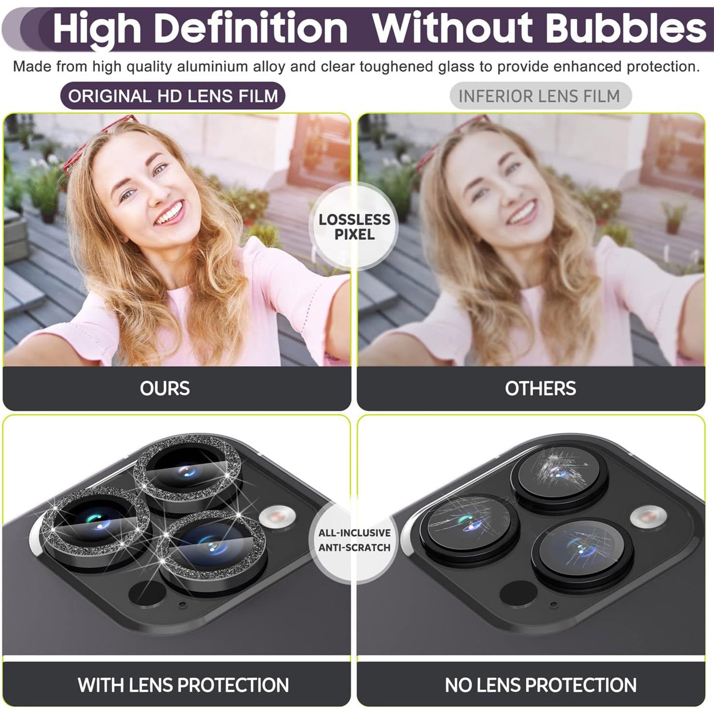 For iPhone 15 Pro / 15 Pro Max Ring Circle Lens Film Set Glitter Metal+Tempered Glass Camera Lens Protector