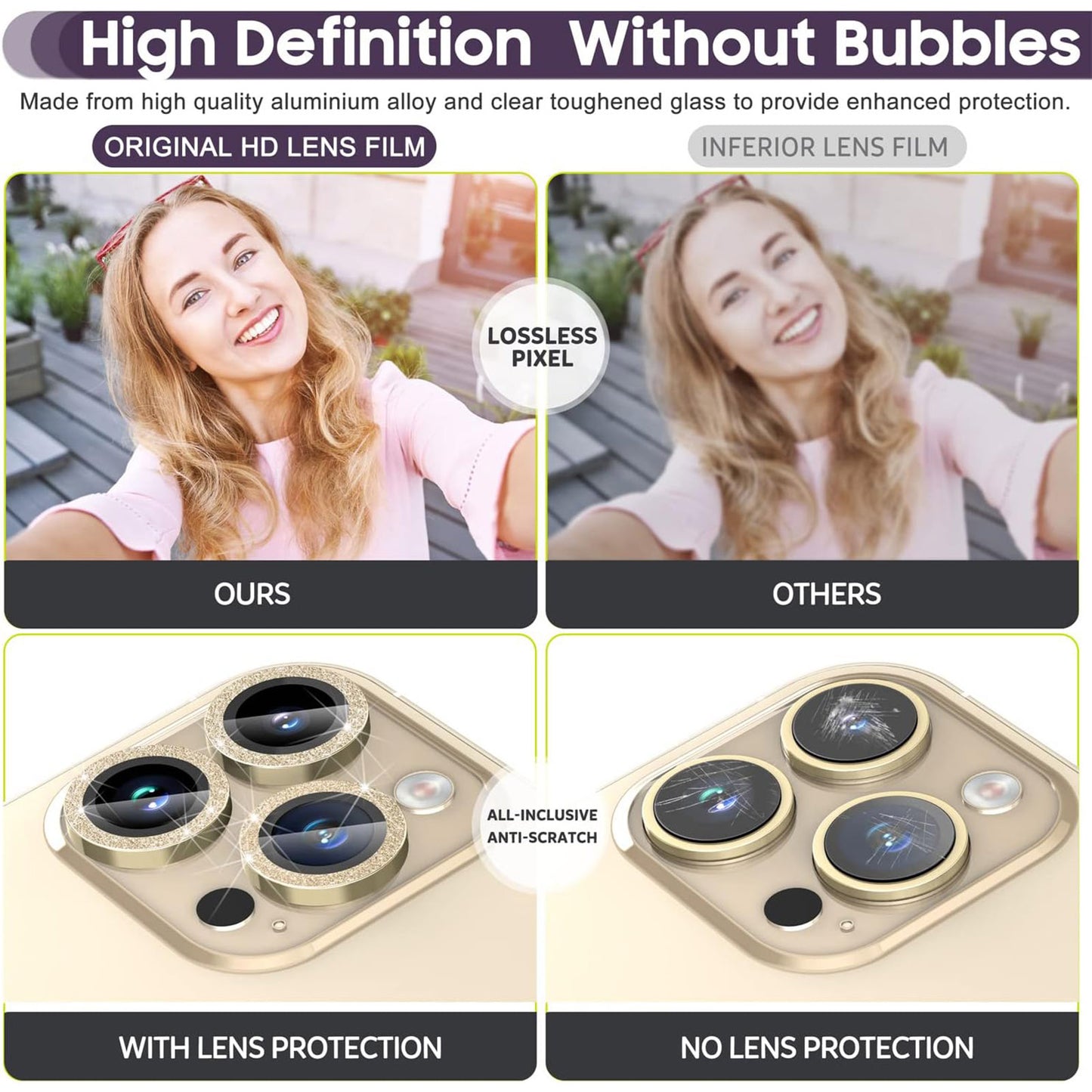 For iPhone 15 Pro / 15 Pro Max Ring Circle Lens Film Set Glitter Metal+Tempered Glass Camera Lens Protector