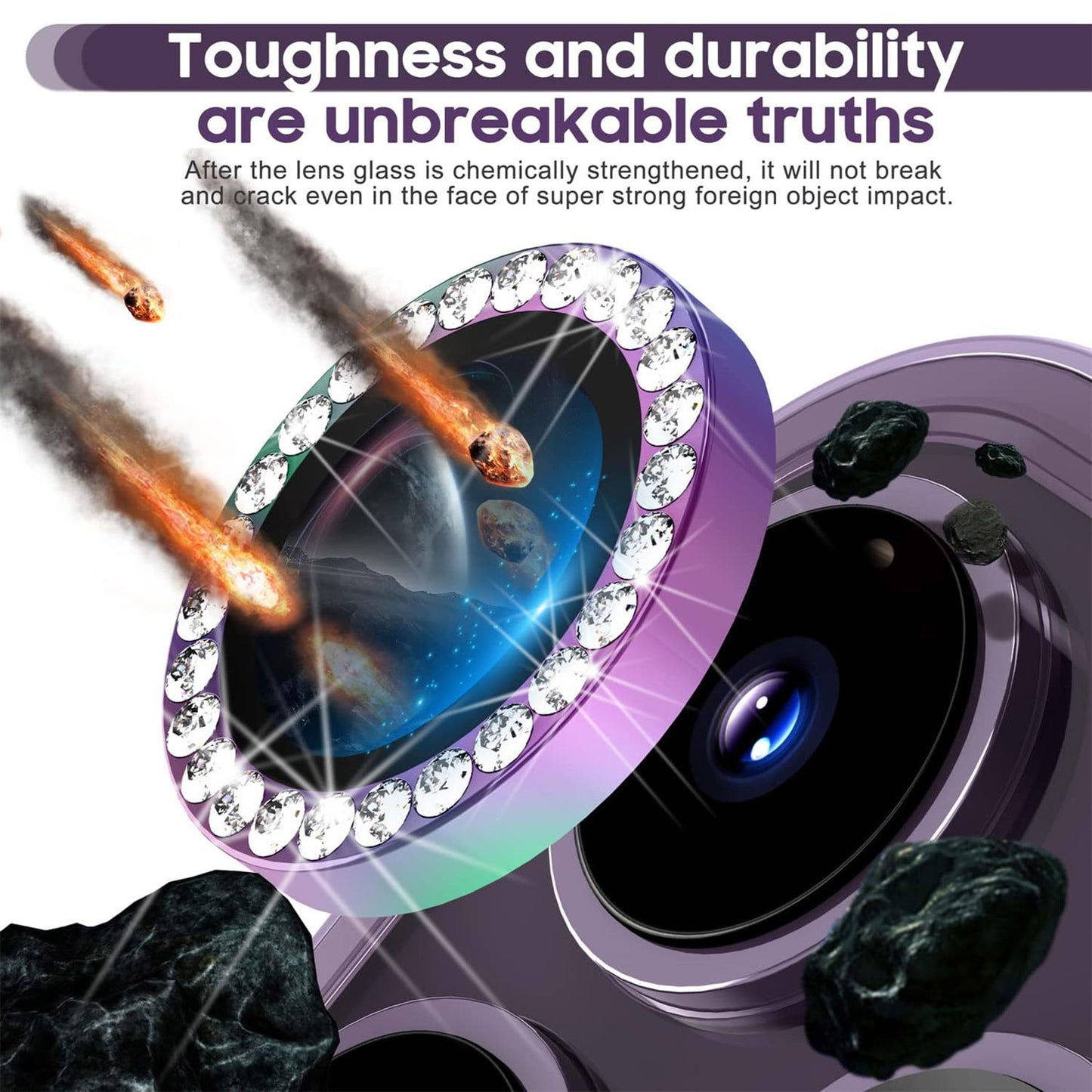 For iPhone 15 Pro / 15 Pro Max Rhinestone Camera Lens Protector Set Tempered Glass+Colorful Metal Ring Lens Film