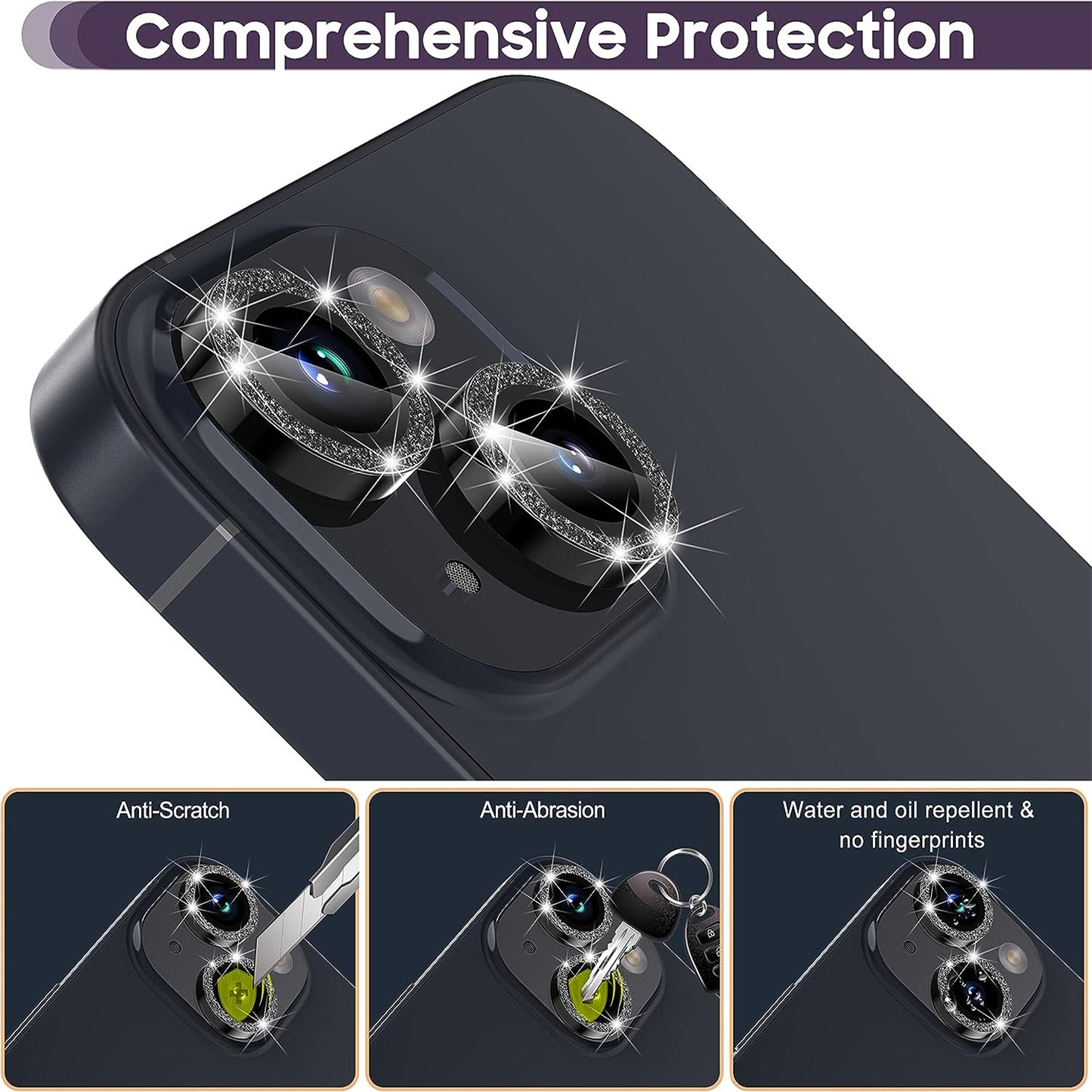 For iPhone 15 / 15 Plus Camera Lens Protector Set Glitter Metal Ring Tempered Glass Back Lens Film