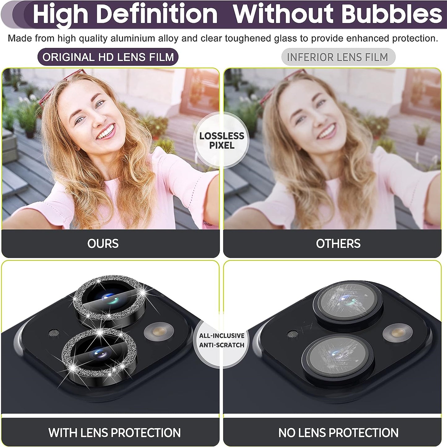 For iPhone 15 / 15 Plus Camera Lens Protector Set Glitter Metal Ring Tempered Glass Back Lens Film