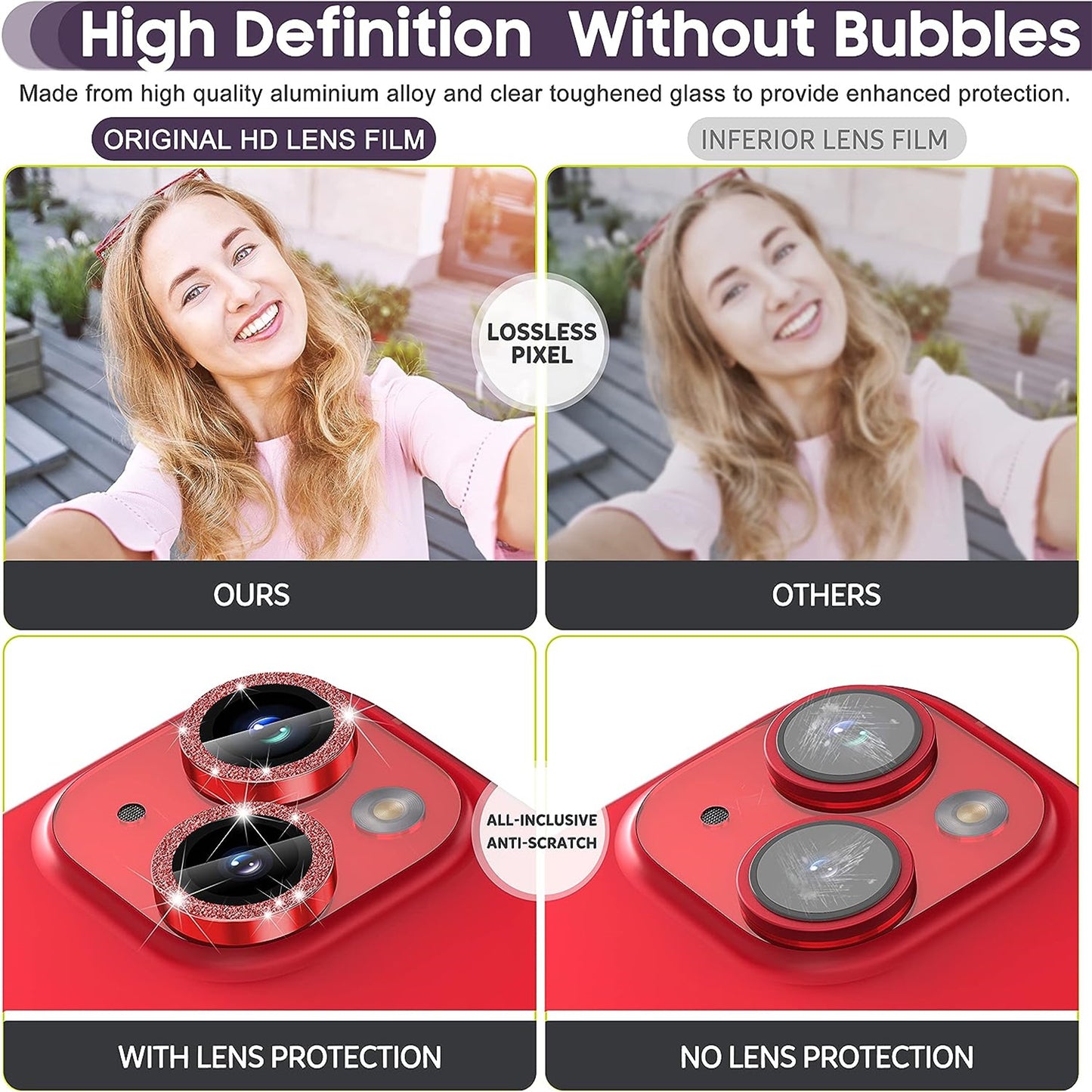 For iPhone 15 / 15 Plus Camera Lens Protector Set Glitter Metal Ring Tempered Glass Back Lens Film