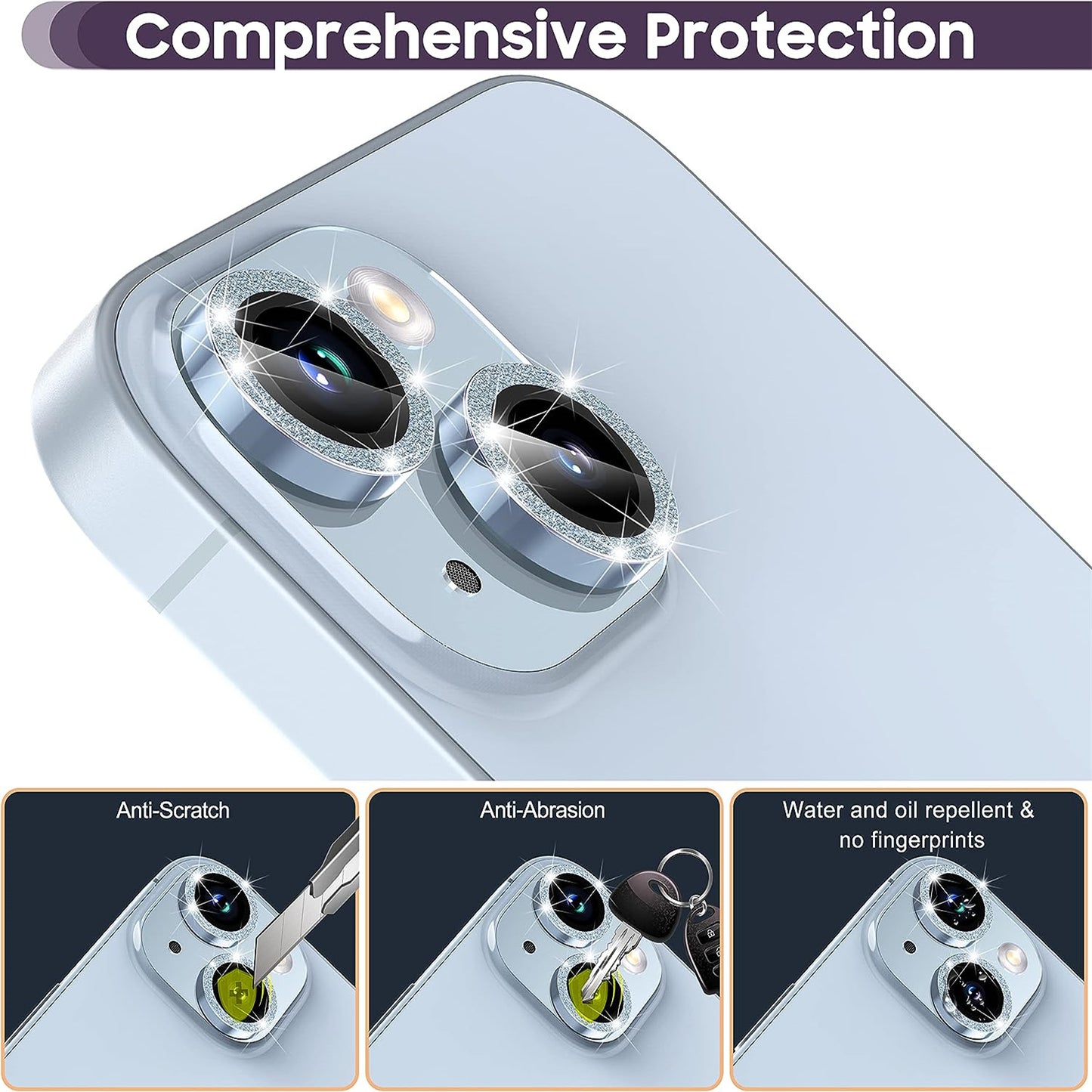 For iPhone 15 / 15 Plus Camera Lens Protector Set Glitter Metal Ring Tempered Glass Back Lens Film