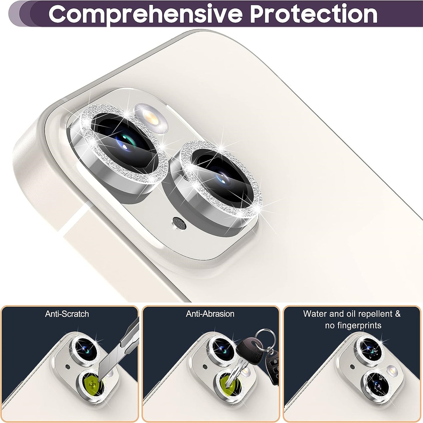 For iPhone 15 / 15 Plus Camera Lens Protector Set Glitter Metal Ring Tempered Glass Back Lens Film