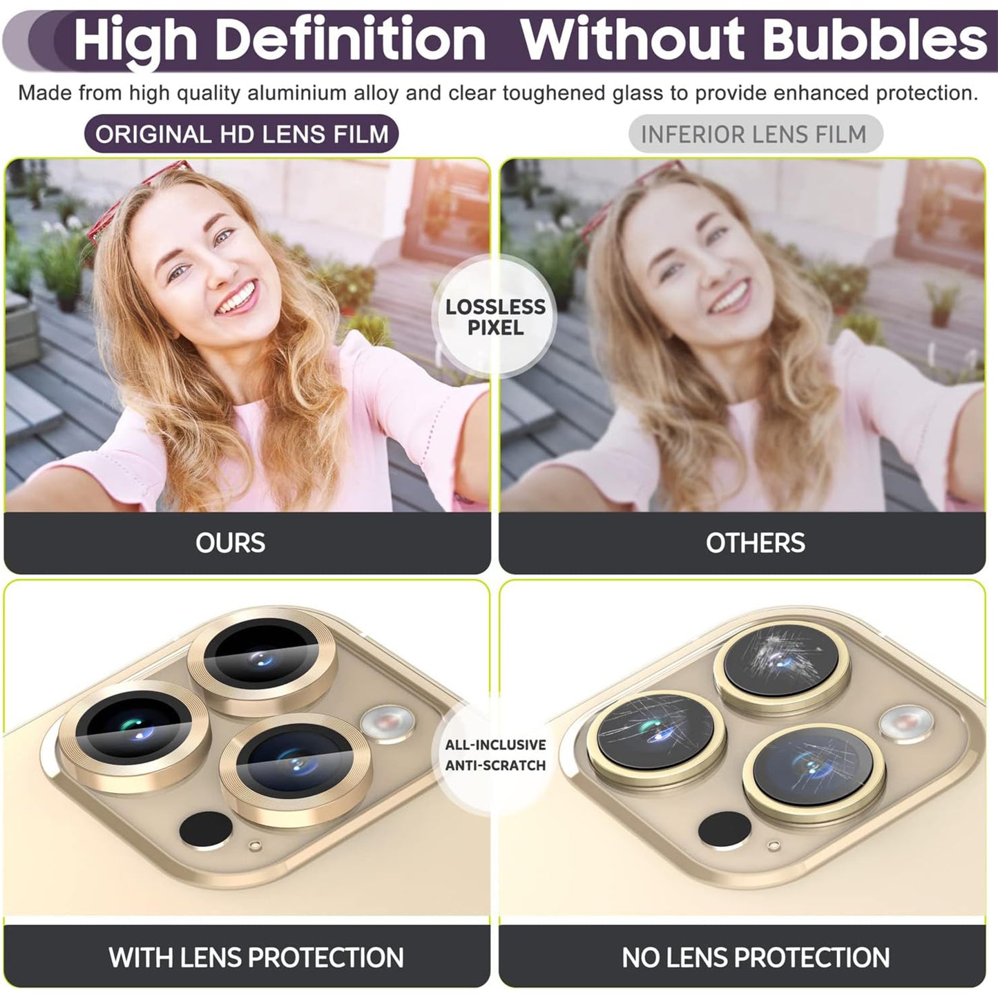 For iPhone 14 Pro / 14 Pro Max 1 Set Camera Lens Protector Tempered Glass + Metal Ring CD Vein Lens Film