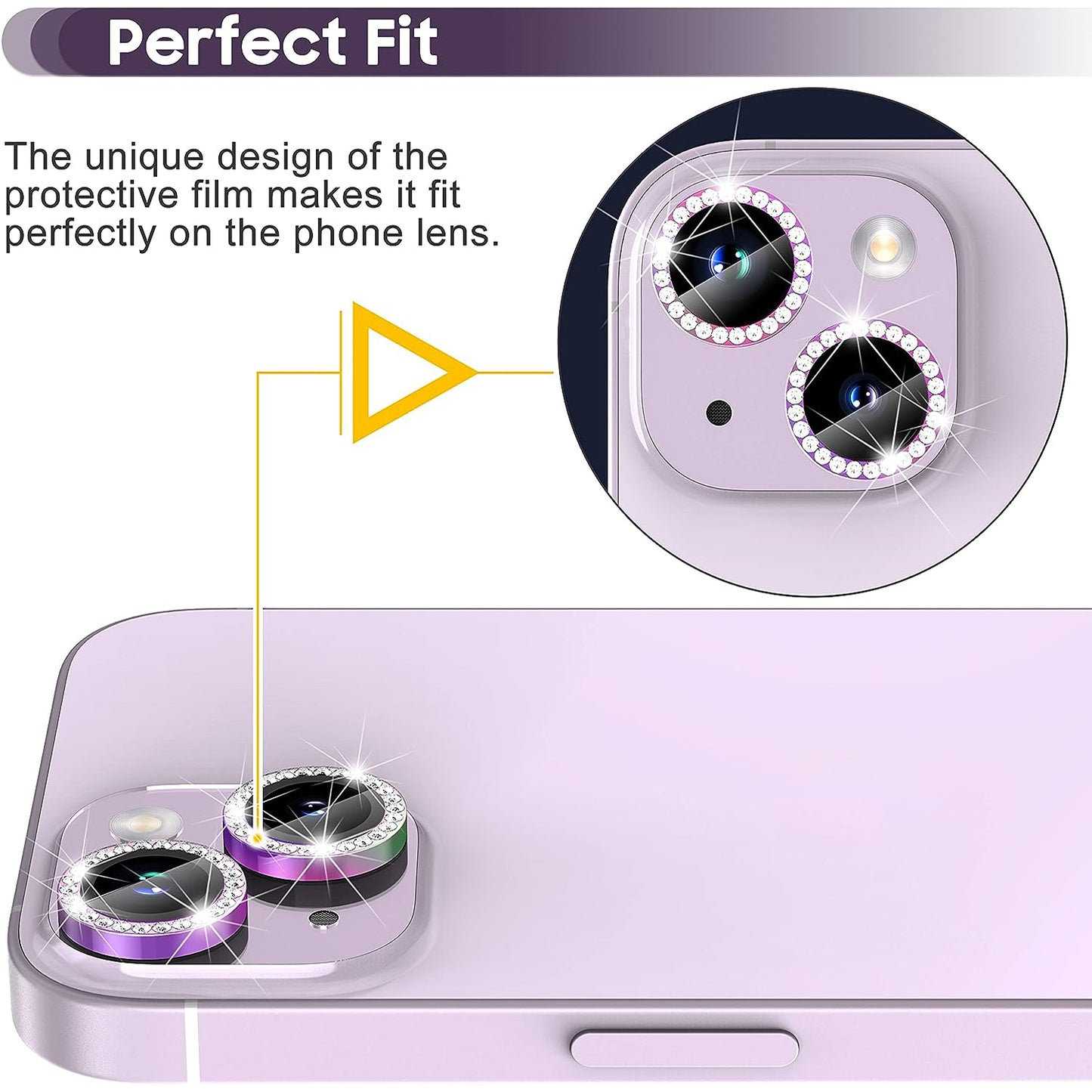 For iPhone 14 / 14 Plus 1 Set Rhinestone Camera Lens Protector Tempered Glass Metal Ring Colorful Rear Lens Film