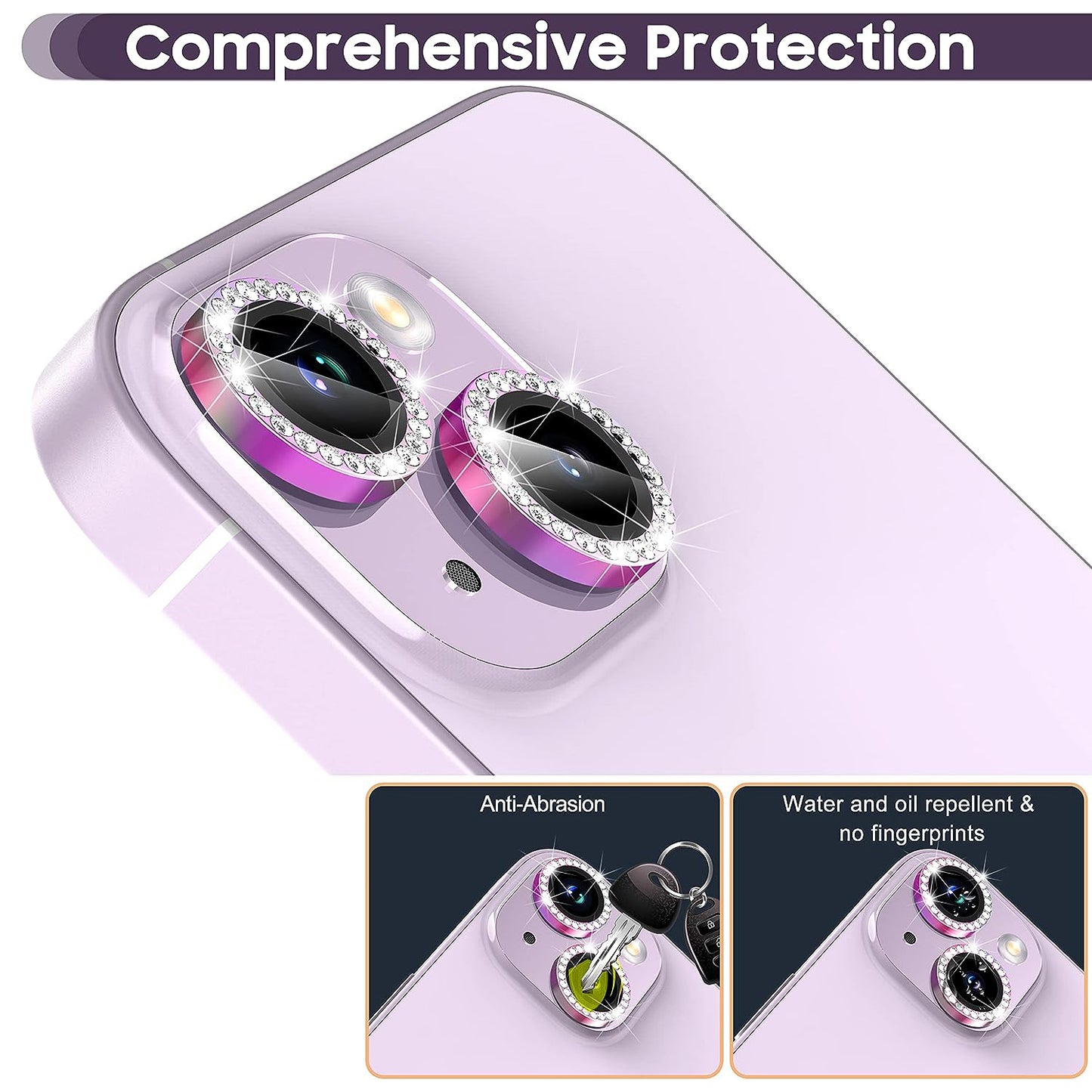 For iPhone 14 / 14 Plus 1 Set Rhinestone Camera Lens Protector Tempered Glass Metal Ring Colorful Rear Lens Film