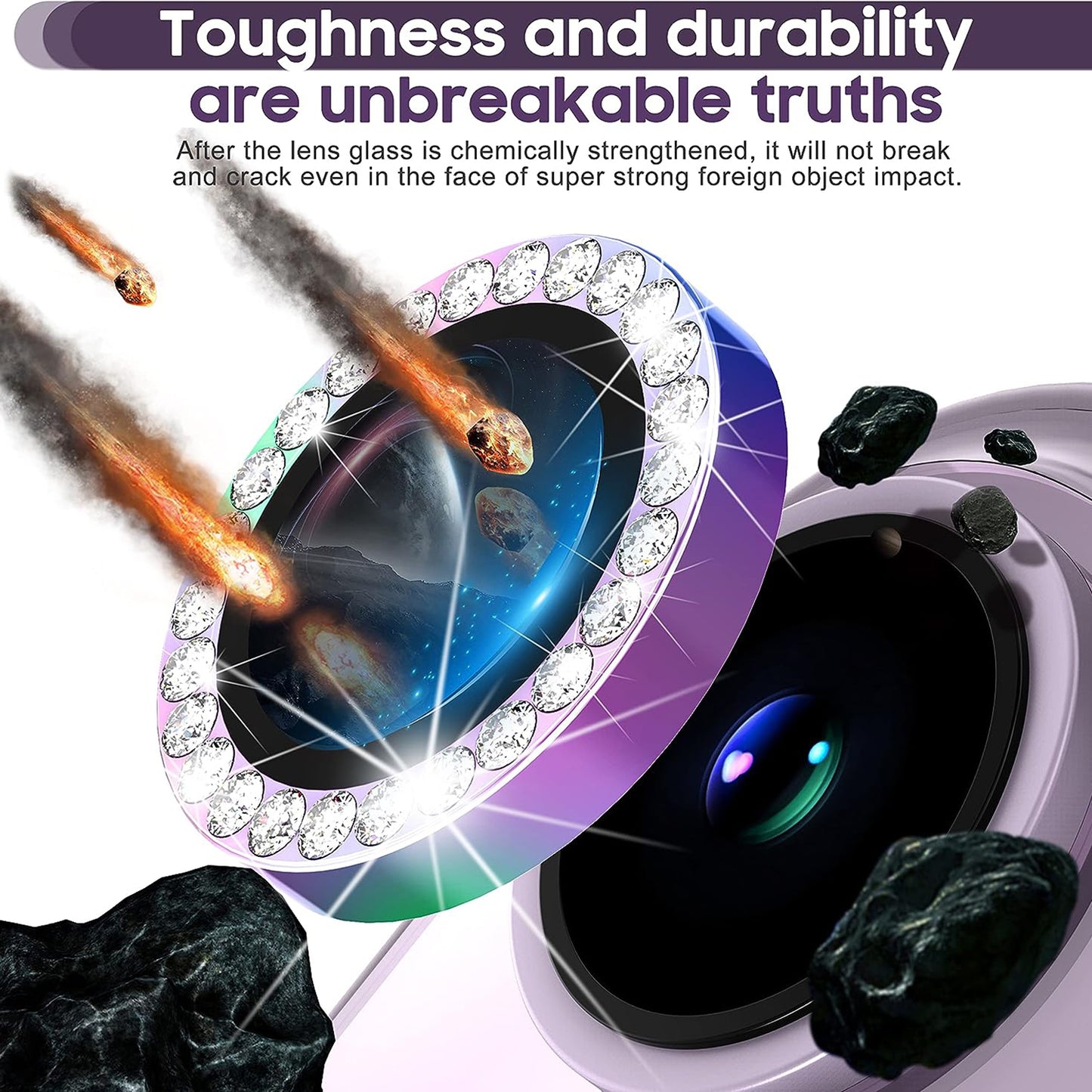For iPhone 14 / 14 Plus 1 Set Rhinestone Camera Lens Protector Tempered Glass Metal Ring Colorful Rear Lens Film