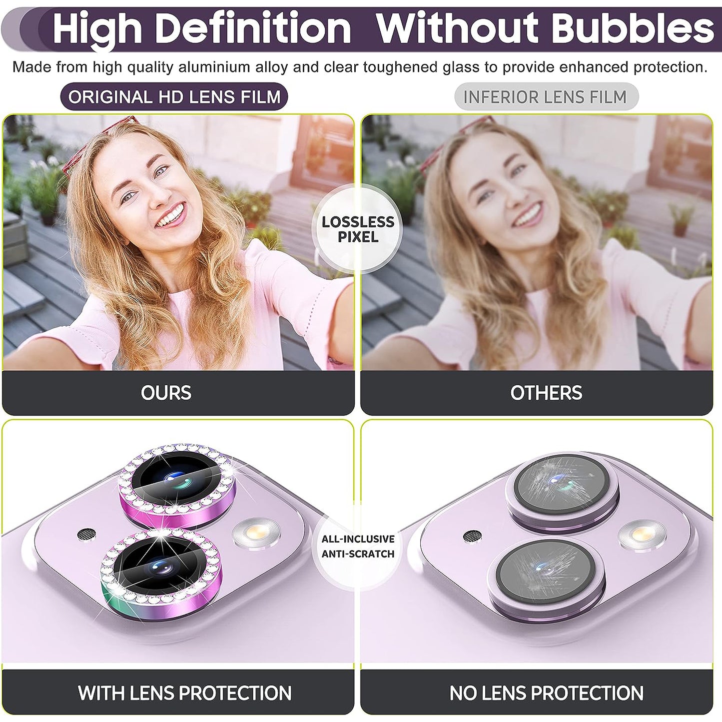 For iPhone 14 / 14 Plus 1 Set Rhinestone Camera Lens Protector Tempered Glass Metal Ring Colorful Rear Lens Film