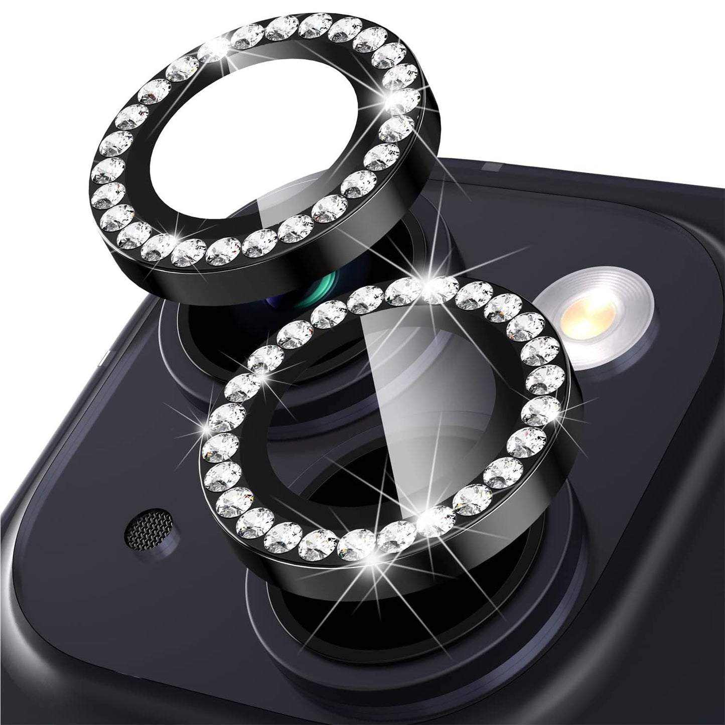 For iPhone 14 / 14 Plus 1 Set Rhinestone Camera Lens Protector Tempered Glass+Metal Ring Phone Rear Lens Film