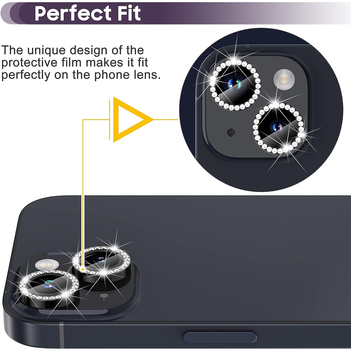 For iPhone 14 / 14 Plus 1 Set Rhinestone Camera Lens Protector Tempered Glass+Metal Ring Phone Rear Lens Film
