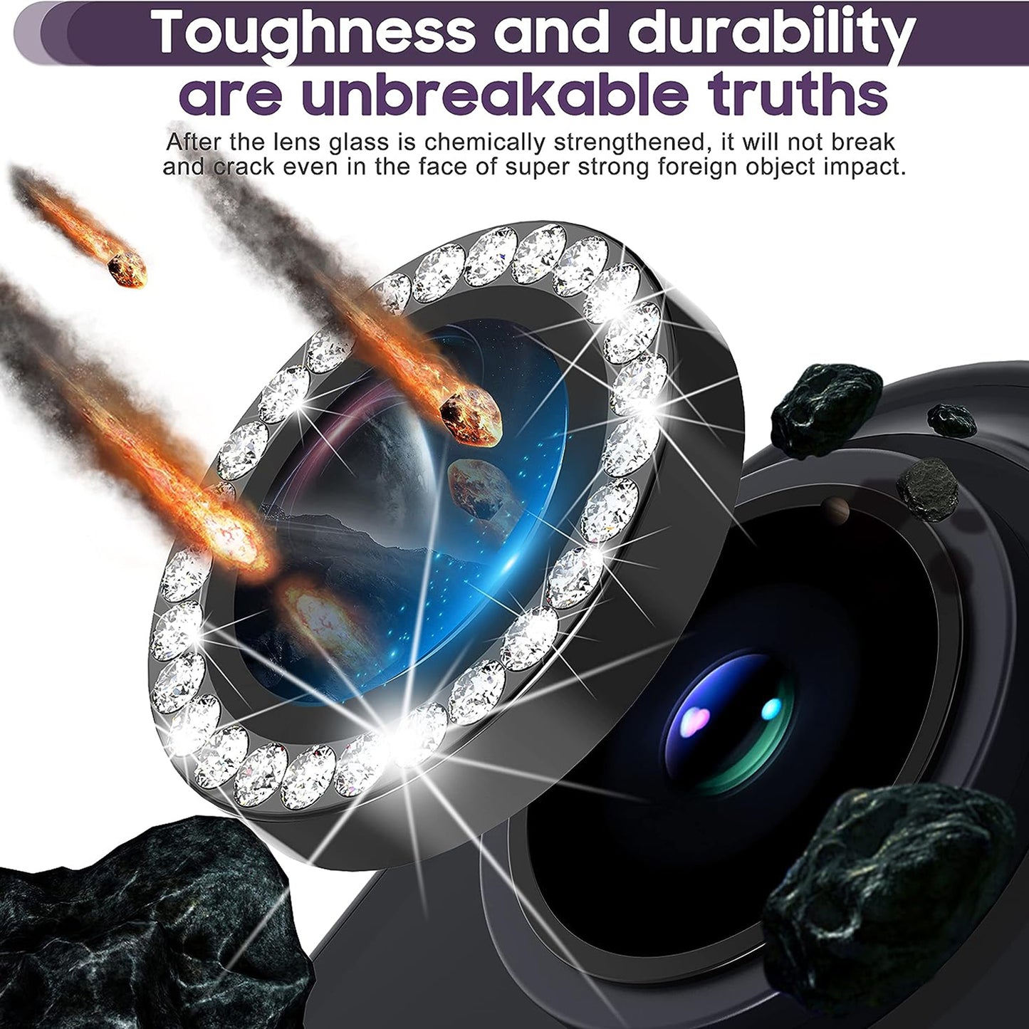 For iPhone 14 / 14 Plus 1 Set Rhinestone Camera Lens Protector Tempered Glass+Metal Ring Phone Rear Lens Film