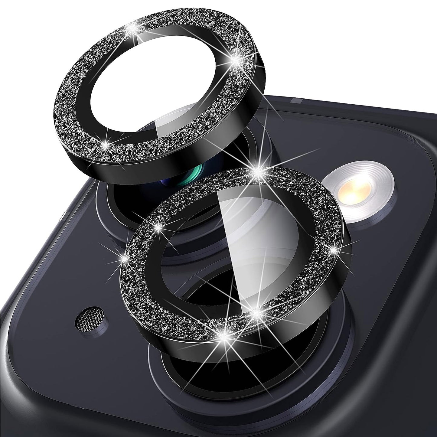For iPhone 14 / 14 Plus 1 Set Glitter Camera Lens Film Metal Ring+Tempered Glass Phone Lens Protector