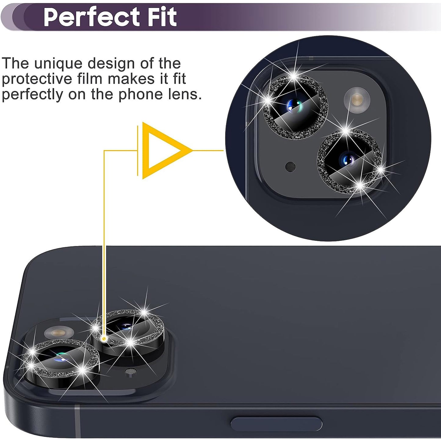 For iPhone 14 / 14 Plus 1 Set Glitter Camera Lens Film Metal Ring+Tempered Glass Phone Lens Protector