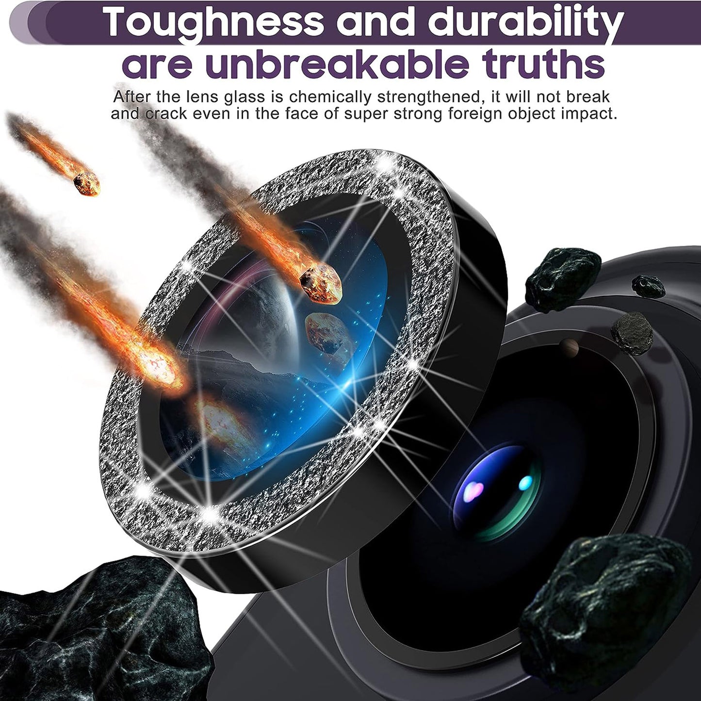 For iPhone 14 / 14 Plus 1 Set Glitter Camera Lens Film Metal Ring+Tempered Glass Phone Lens Protector