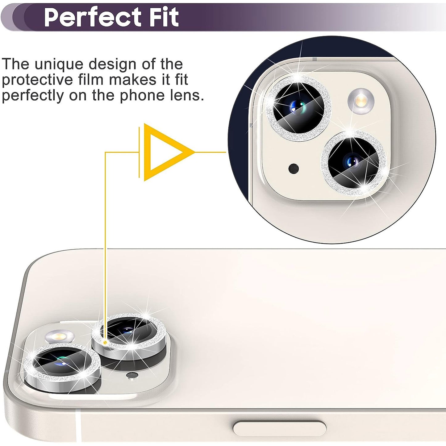 For iPhone 14 / 14 Plus 1 Set Glitter Camera Lens Film Metal Ring+Tempered Glass Phone Lens Protector