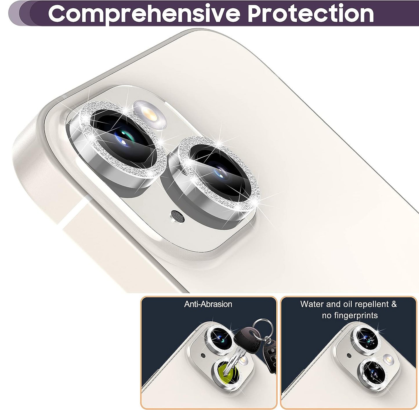 For iPhone 14 / 14 Plus 1 Set Glitter Camera Lens Film Metal Ring+Tempered Glass Phone Lens Protector