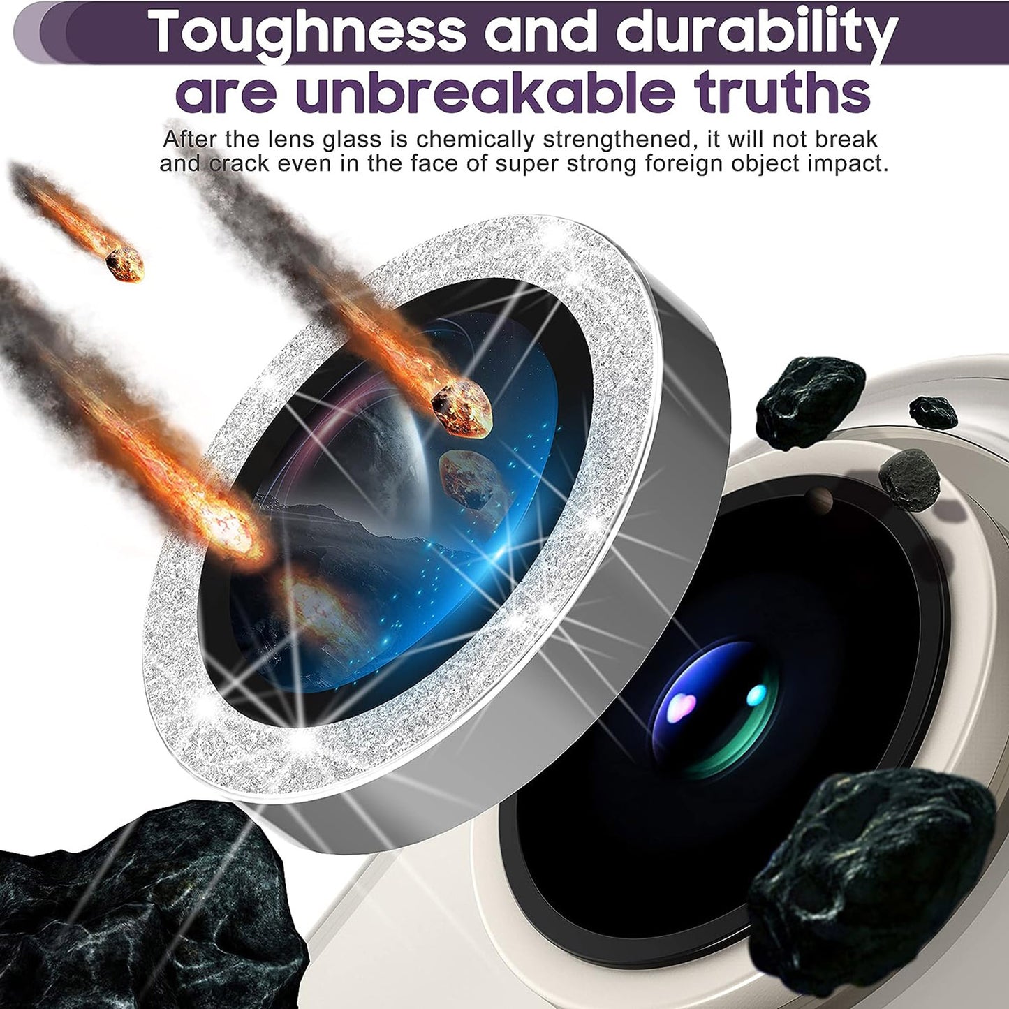 For iPhone 14 / 14 Plus 1 Set Glitter Camera Lens Film Metal Ring+Tempered Glass Phone Lens Protector