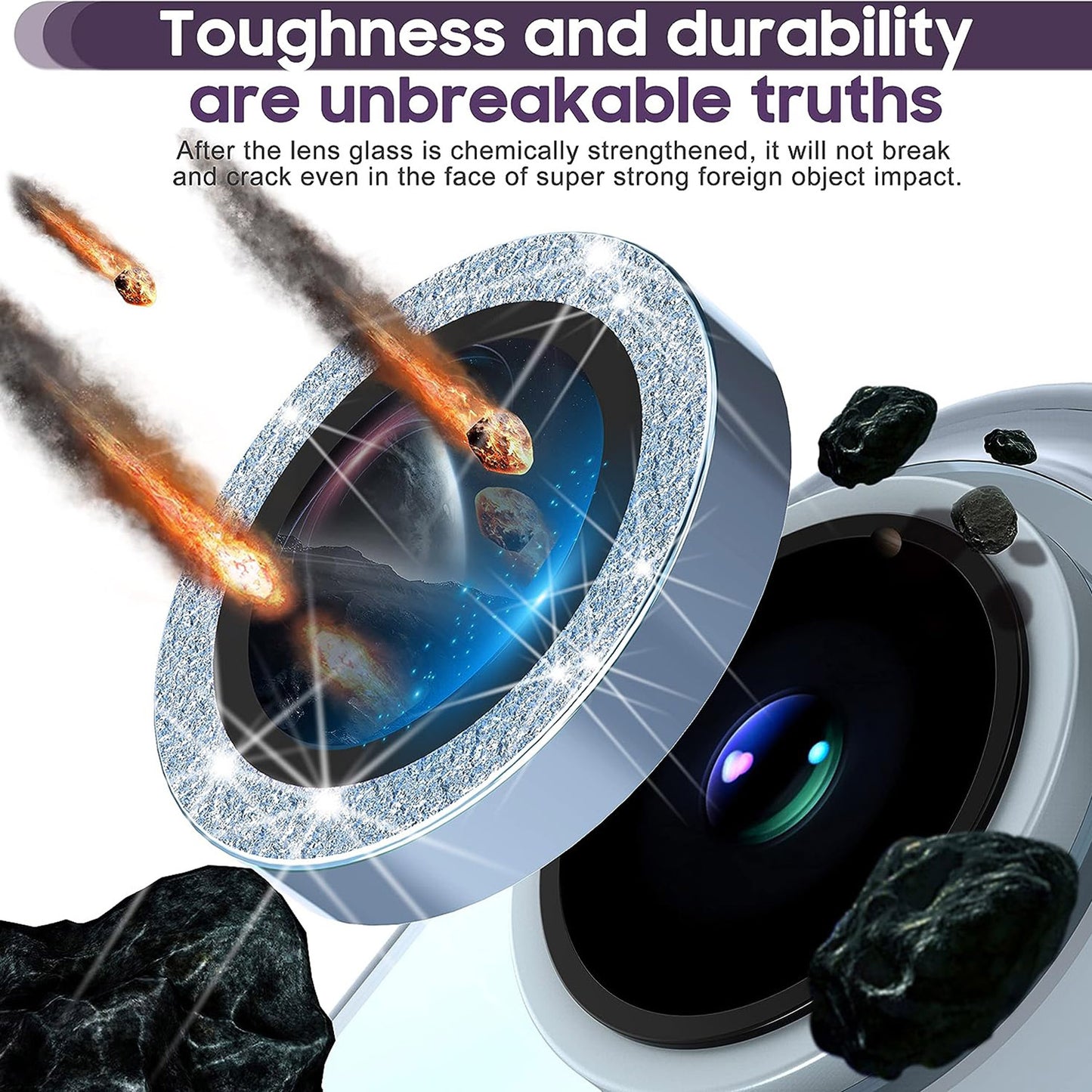 For iPhone 14 / 14 Plus 1 Set Glitter Camera Lens Film Metal Ring+Tempered Glass Phone Lens Protector