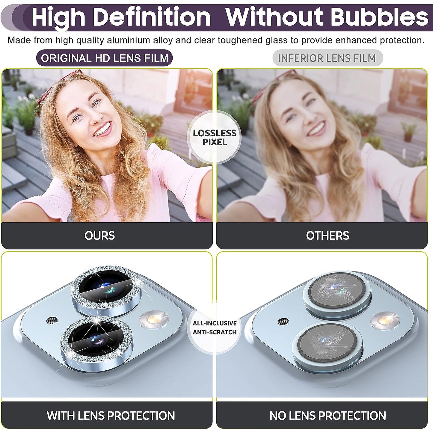 For iPhone 14 / 14 Plus 1 Set Glitter Camera Lens Film Metal Ring+Tempered Glass Phone Lens Protector