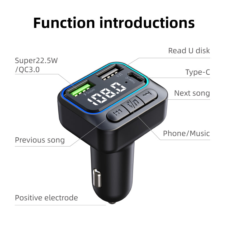 C40 Bluetooth Hands-free Call Adapter FM Transmitter Car MP3 Music Player Type-C + Dual USB QC3.0 Car Charger