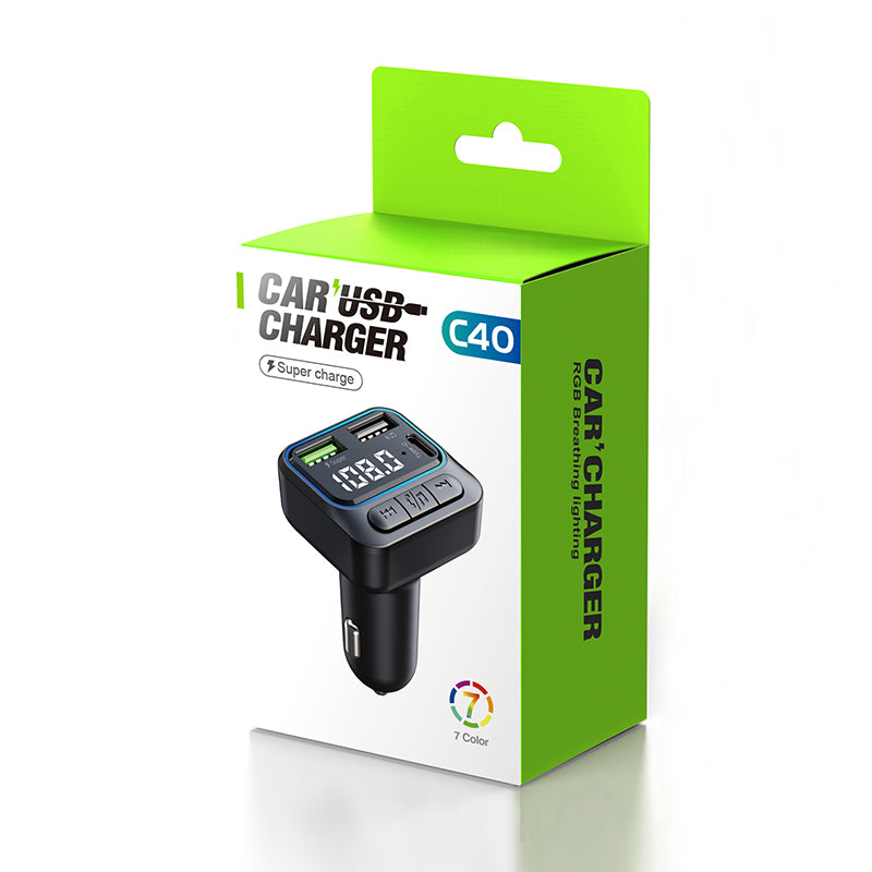C40 Bluetooth Hands-free Call Adapter FM Transmitter Car MP3 Music Player Type-C + Dual USB QC3.0 Car Charger