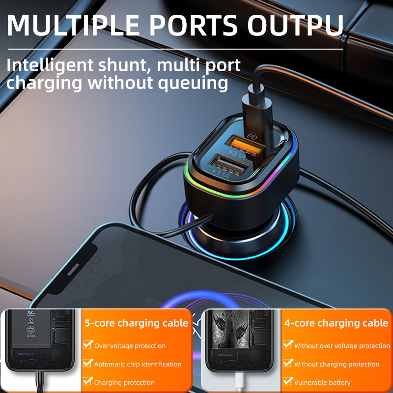 K5 2 USB + 1 Type-C PD Phone Fast Charging Adapter Car Charger with 3-in-1 Charging Cable