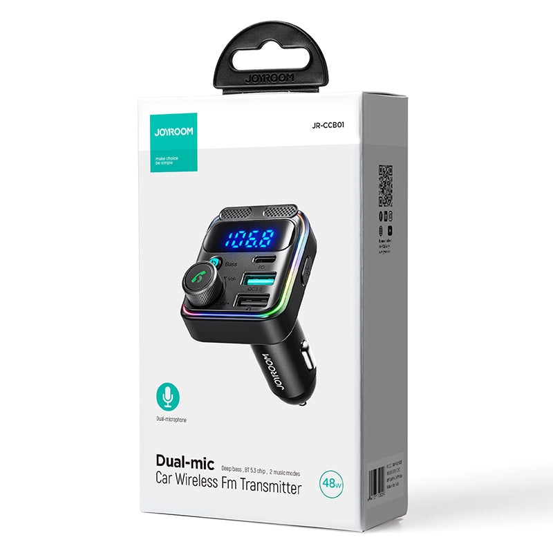 JOYROOM JR-CCB01 Dual Microphone Bluetooth Hands-free Call Music Player 48W Car Fast Charger FM Transmitter