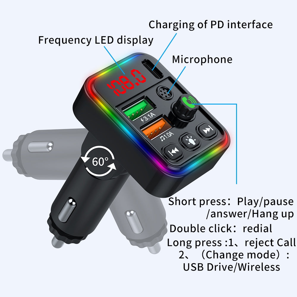 P19 Wireless 7-Colors LED Backlit Car MP3 Hands-Free Bluetooth Calling Car Audio Charger Support U Disk