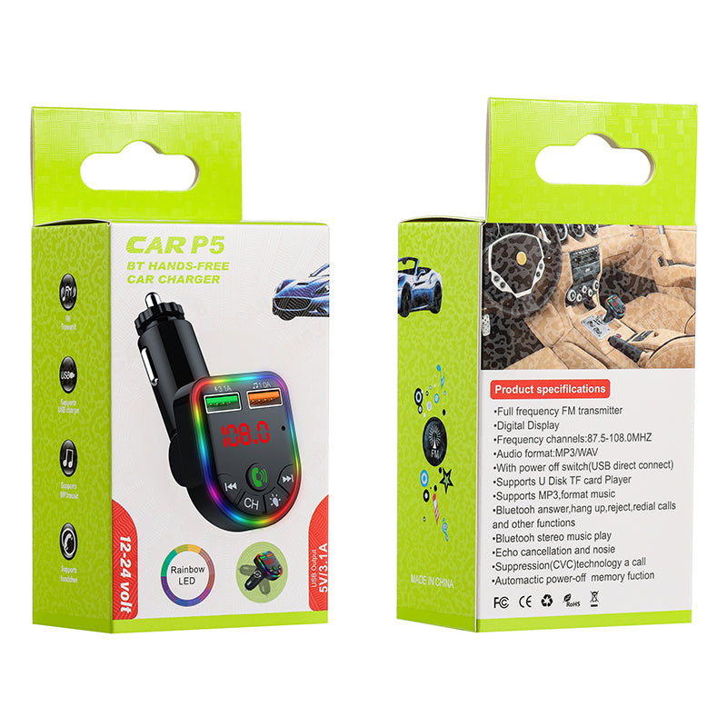 P5 Colorful Ambient Light Car Charger Digital Display Bluetooth Wireless Car MP3 Player Support U Disk