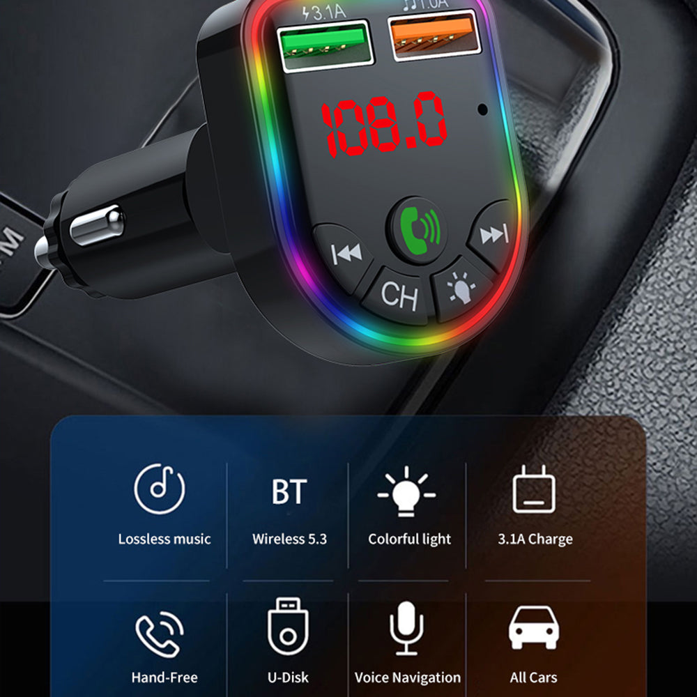P5 Colorful Ambient Light Car Charger Digital Display Bluetooth Wireless Car MP3 Player Support U Disk