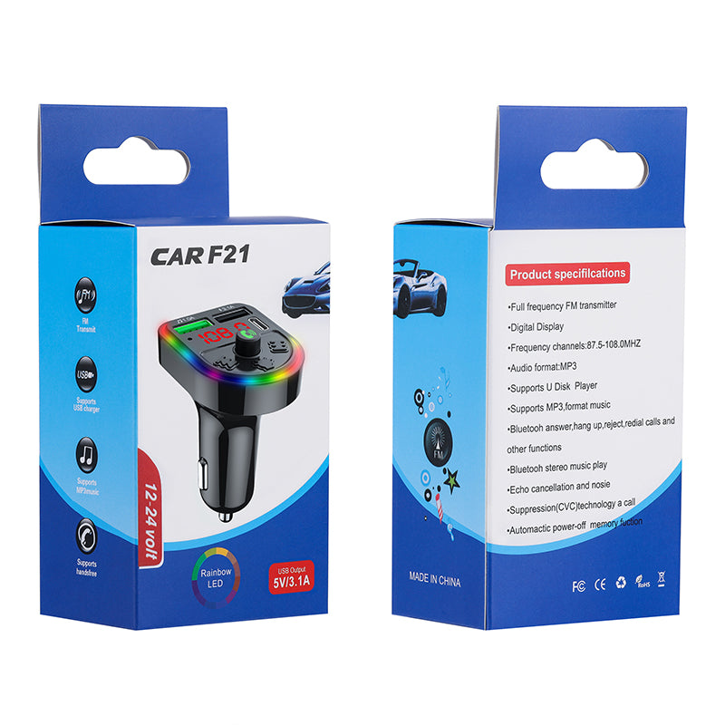 F21 Bluetooth Car Adapter Handsfree Call FM Transmitter HiFi Sound MP3 Music Player PD + USB Car Charger