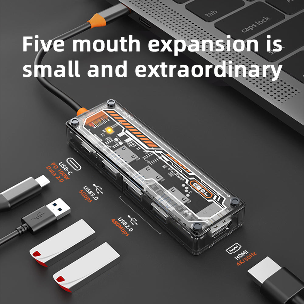 SW5H 5 Ports Type-C Hub Adapter Type-C to Type-C PD Fast Charge+USB 3.0+USB 2.0x2+HD Dock Station Clear Converter