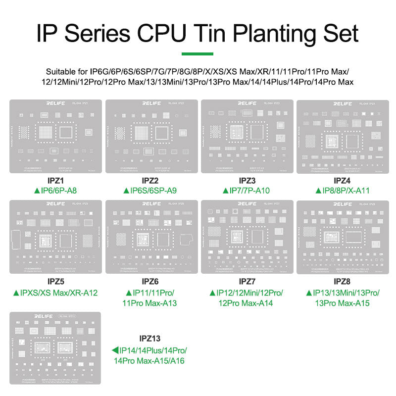 RELIFE RL-044 9Pcs IP Series CPU Integrated Steel Mesh Set A8-A16 CPU Tin Planting Kit