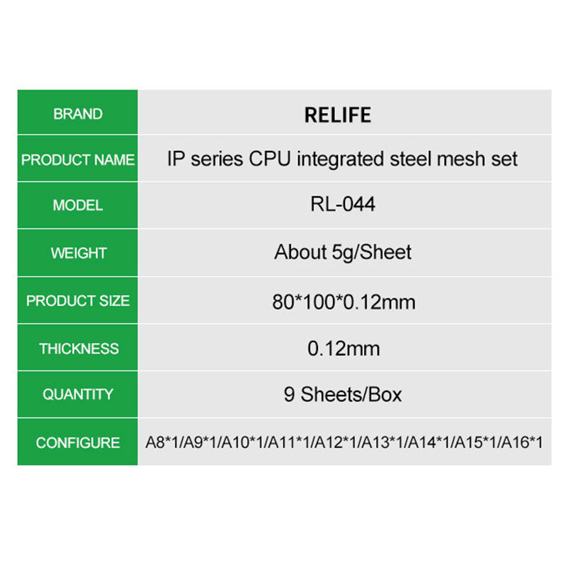 RELIFE RL-044 9Pcs IP Series CPU Integrated Steel Mesh Set A8-A16 CPU Tin Planting Kit
