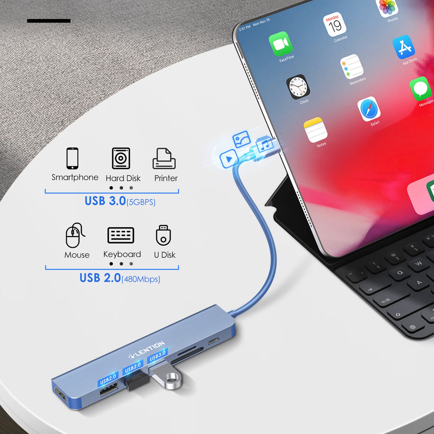 LENTION CE18HCR Cloud Ala Series Portable USB Hub Adapter Type-C Docking Station with USB+HD 4K / 30Hz+SD / TF+PD 100W