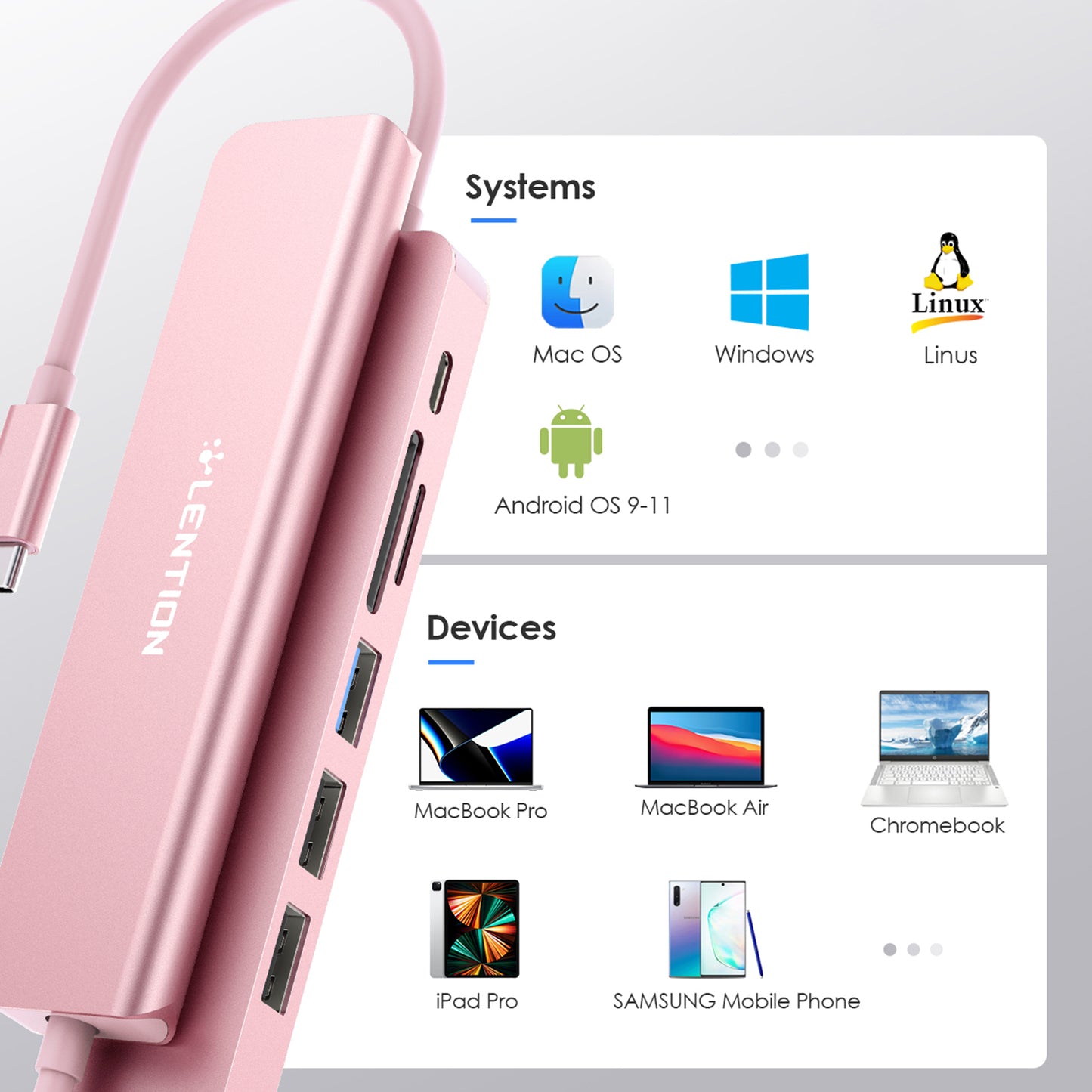 LENTION CE18HCR Cloud Ala Series Portable USB Hub Adapter Type-C Docking Station with USB+HD 4K / 30Hz+SD / TF+PD 100W