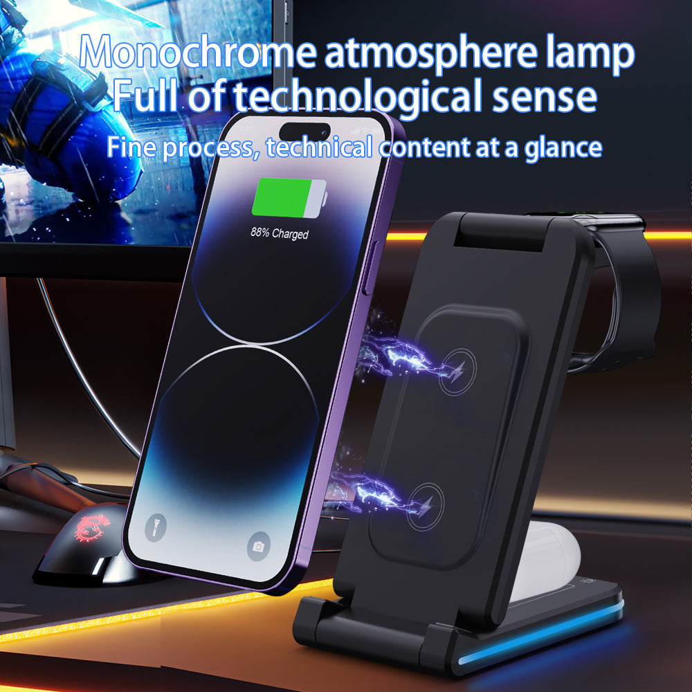 H28 Folding Multifunctional 5-in-1 15W Wireless Charger Phone Earphone Watch Charging Stand with Light Function