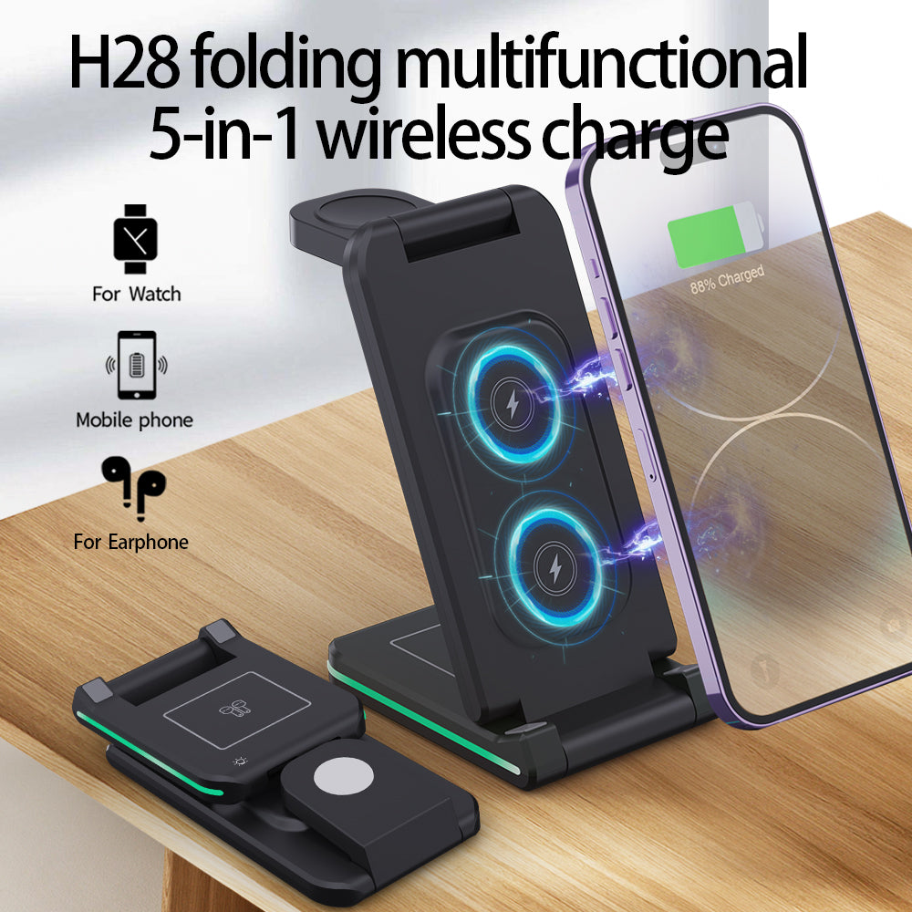 H28 Folding Multifunctional 5-in-1 15W Wireless Charger Phone Earphone Watch Charging Stand with Light Function