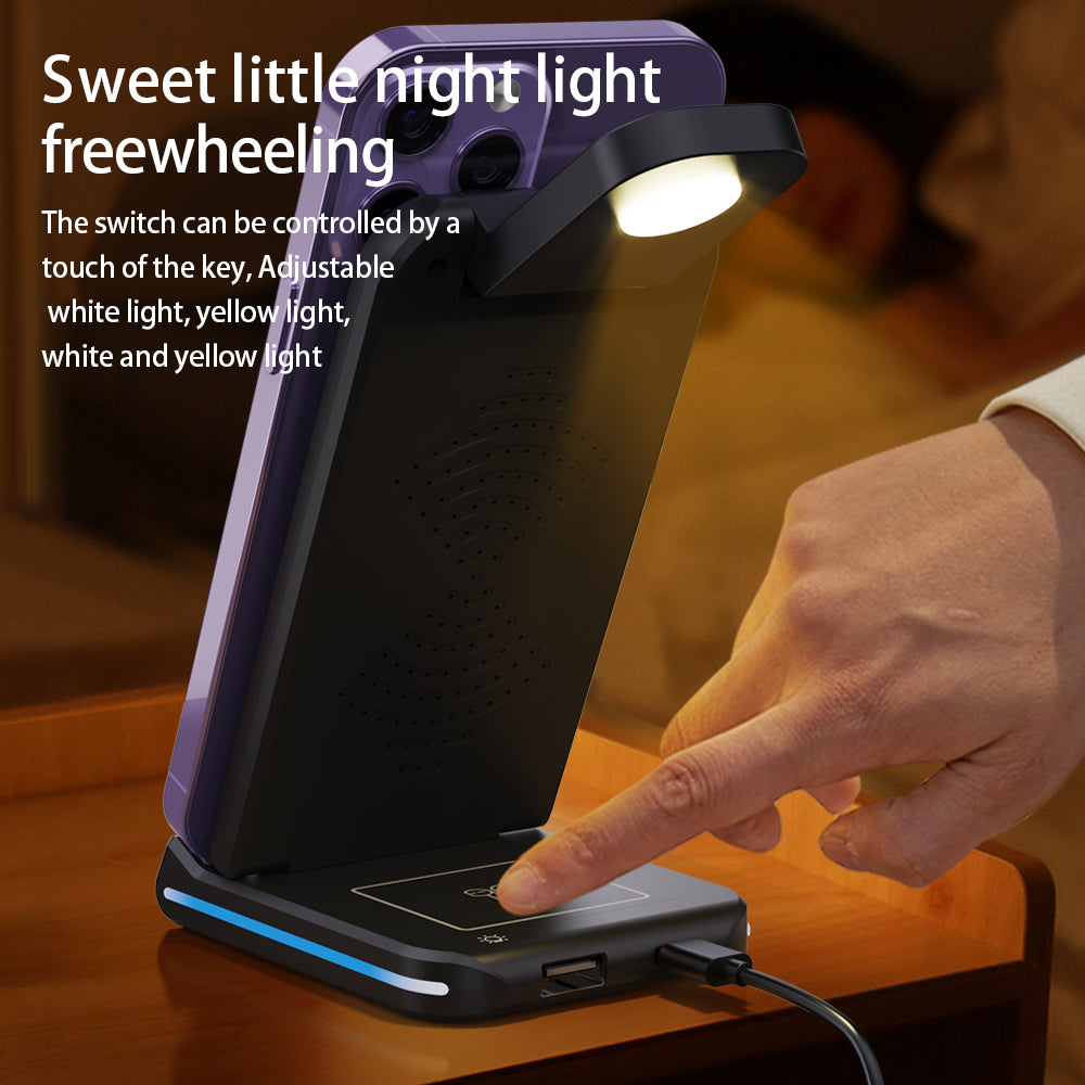 H28 Folding Multifunctional 5-in-1 15W Wireless Charger Phone Earphone Watch Charging Stand with Light Function