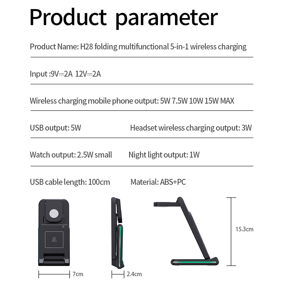 H28 Folding Multifunctional 5-in-1 15W Wireless Charger Phone Earphone Watch Charging Stand with Light Function