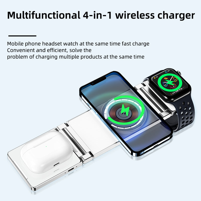 T30 Multifunctional Folding Magnetic Wireless Charger 4-in-1 Cordless Charging Stand for Cell Phone Watch Headset