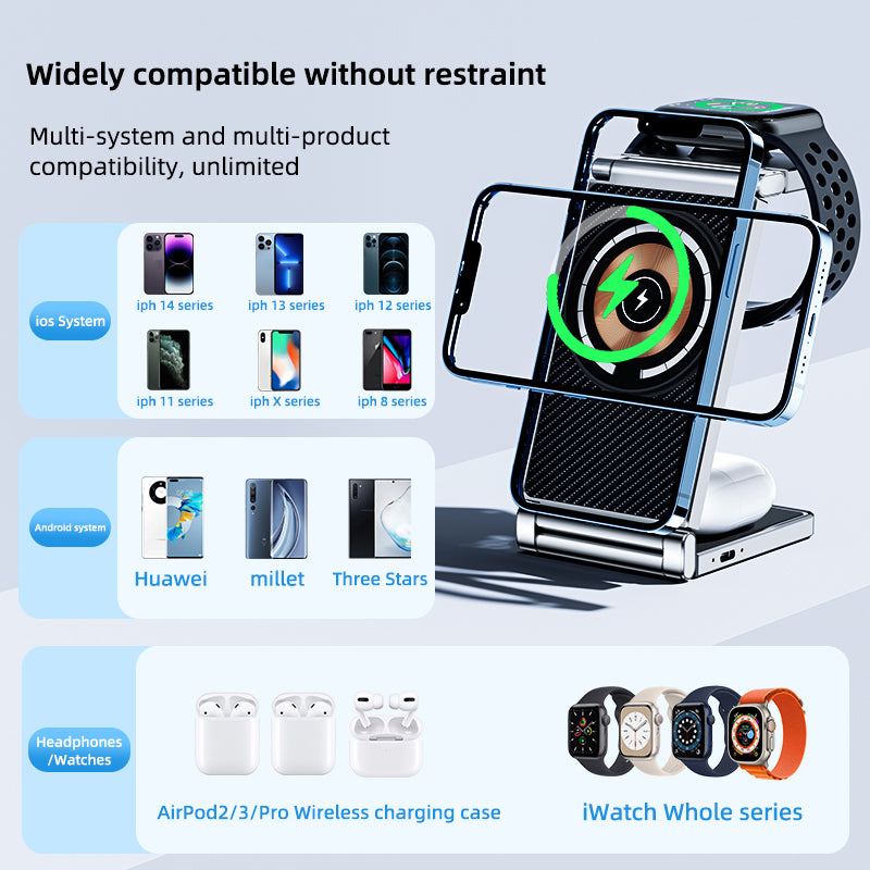 T30 Multifunctional Folding Magnetic Wireless Charger 4-in-1 Cordless Charging Stand for Cell Phone Watch Headset