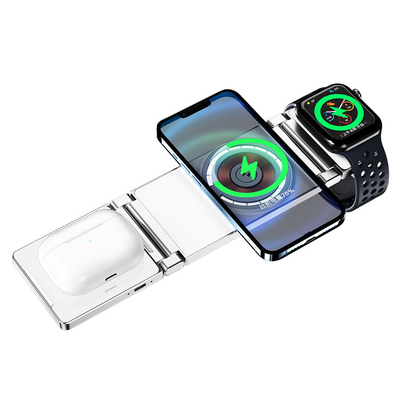 T30 Multifunctional Folding Magnetic Wireless Charger 4-in-1 Cordless Charging Stand for Cell Phone Watch Headset