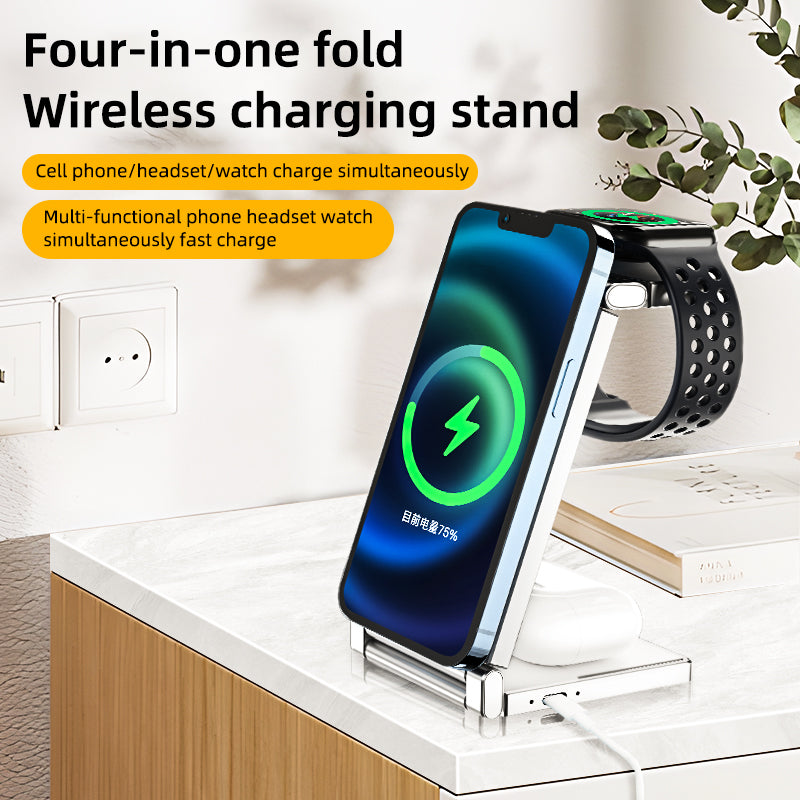 T30 Multifunctional Folding Magnetic Wireless Charger 4-in-1 Cordless Charging Stand for Cell Phone Watch Headset