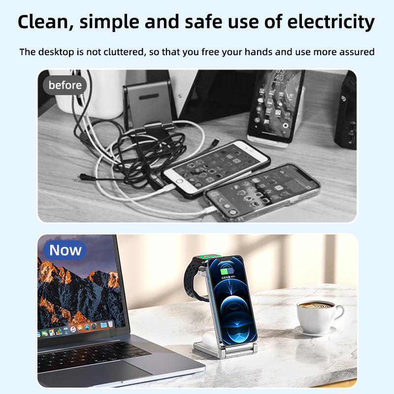 T30 Multifunctional Folding Magnetic Wireless Charger 4-in-1 Cordless Charging Stand for Cell Phone Watch Headset