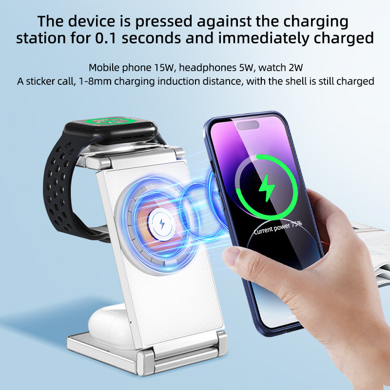 T30 Multifunctional Folding Magnetic Wireless Charger 4-in-1 Cordless Charging Stand for Cell Phone Watch Headset
