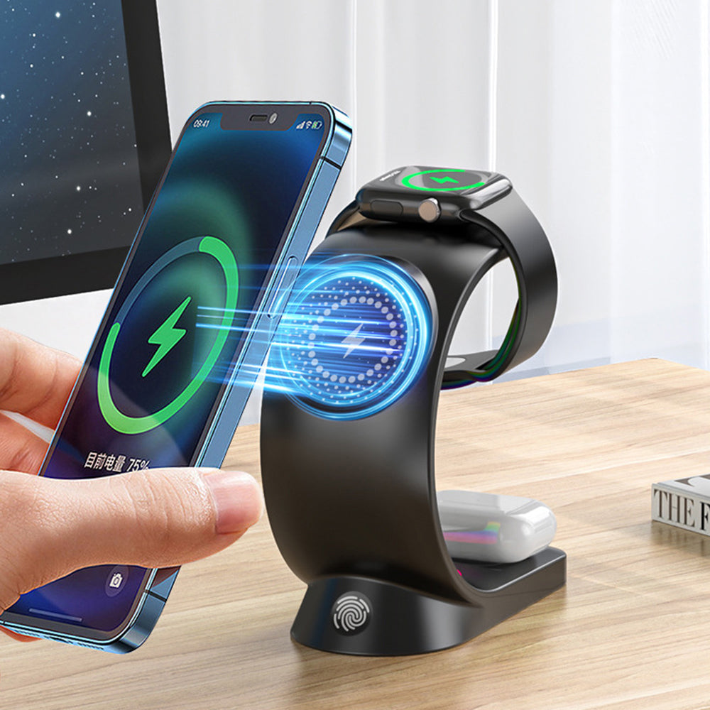 T17 3-in-1 RGB Light Magnetic Wireless Charger for iPhone 12 / 13 / 14 / 15 Series Desktop Fast Charging Stand Compatible with MagSafe